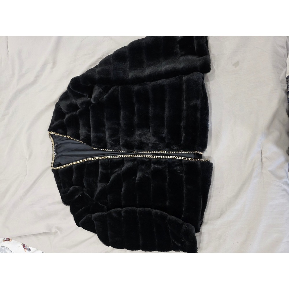 Black Faux Fur Jacket with Gold Chain Trim‎ - Women's Elegant Stylish